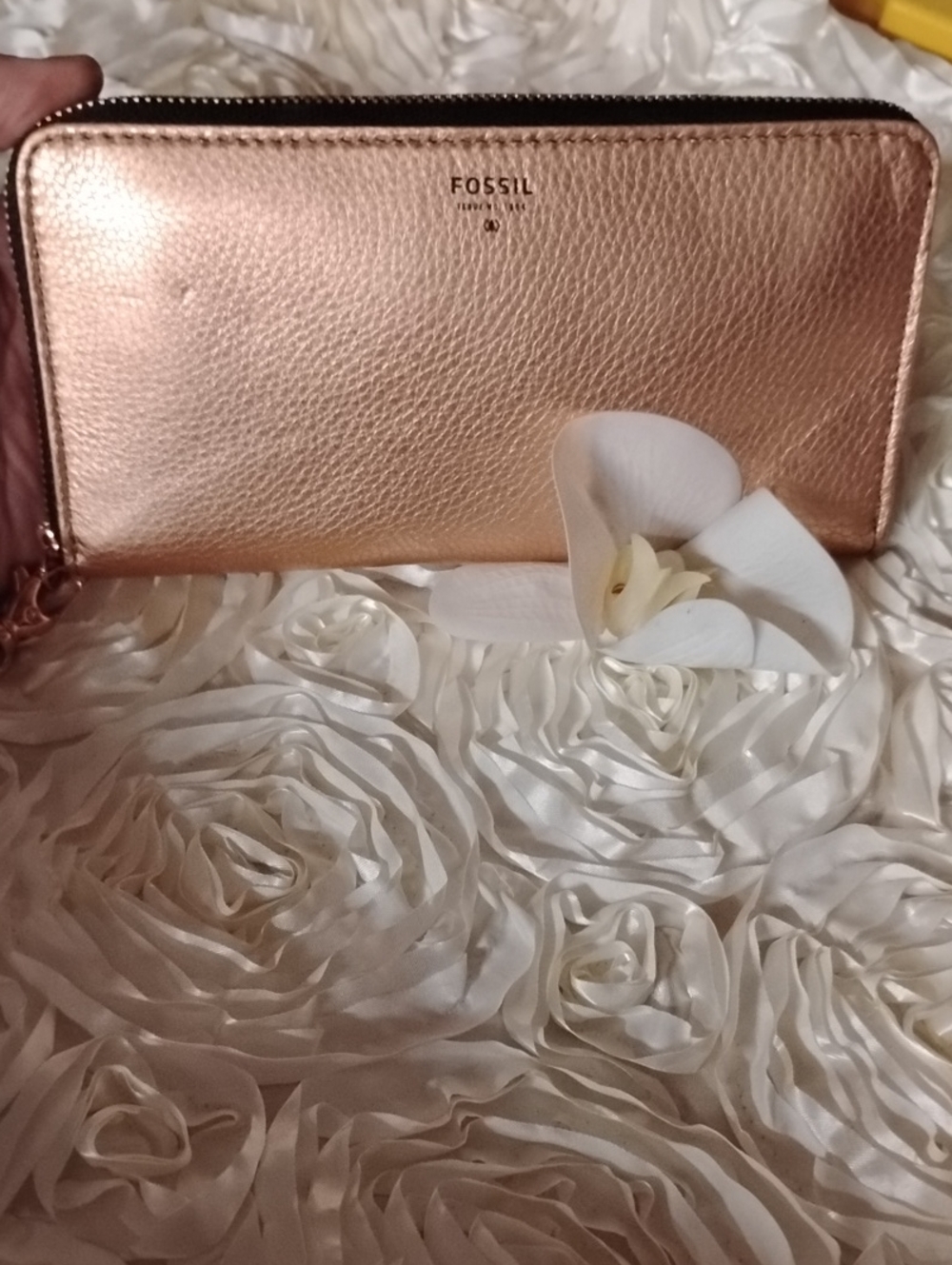Fossil Metallic Rose Gold Zip-Around Leather Wallet
